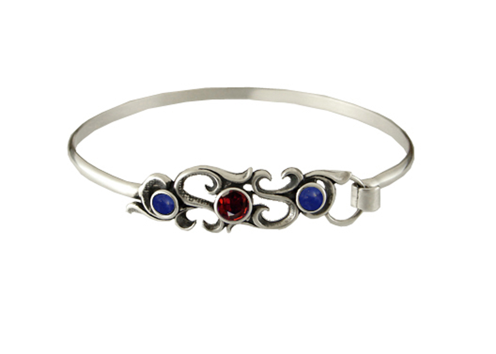 Sterling Silver Filigree Strap Latch Spring Hook Bangle Bracelet With Garnet And Lapis Lazuli